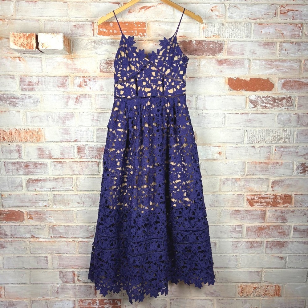 L'Atiste by Amy‎ Purple Guipure Floral Lace Midi Dress S Spaghetti Strap Pockets
